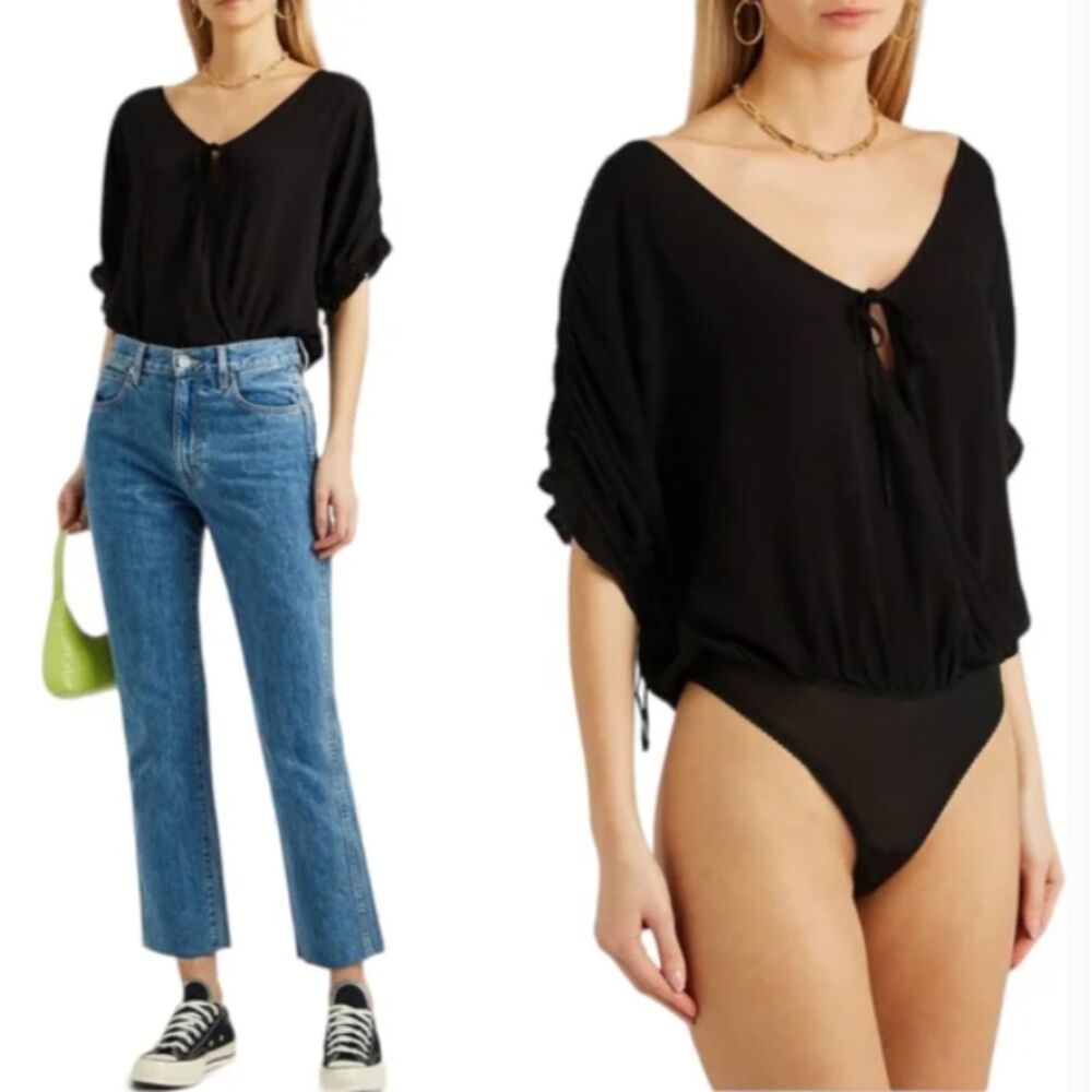 Free People Intimately Black Short Sleeve Cleo Bodysuit Top Black Sz XS